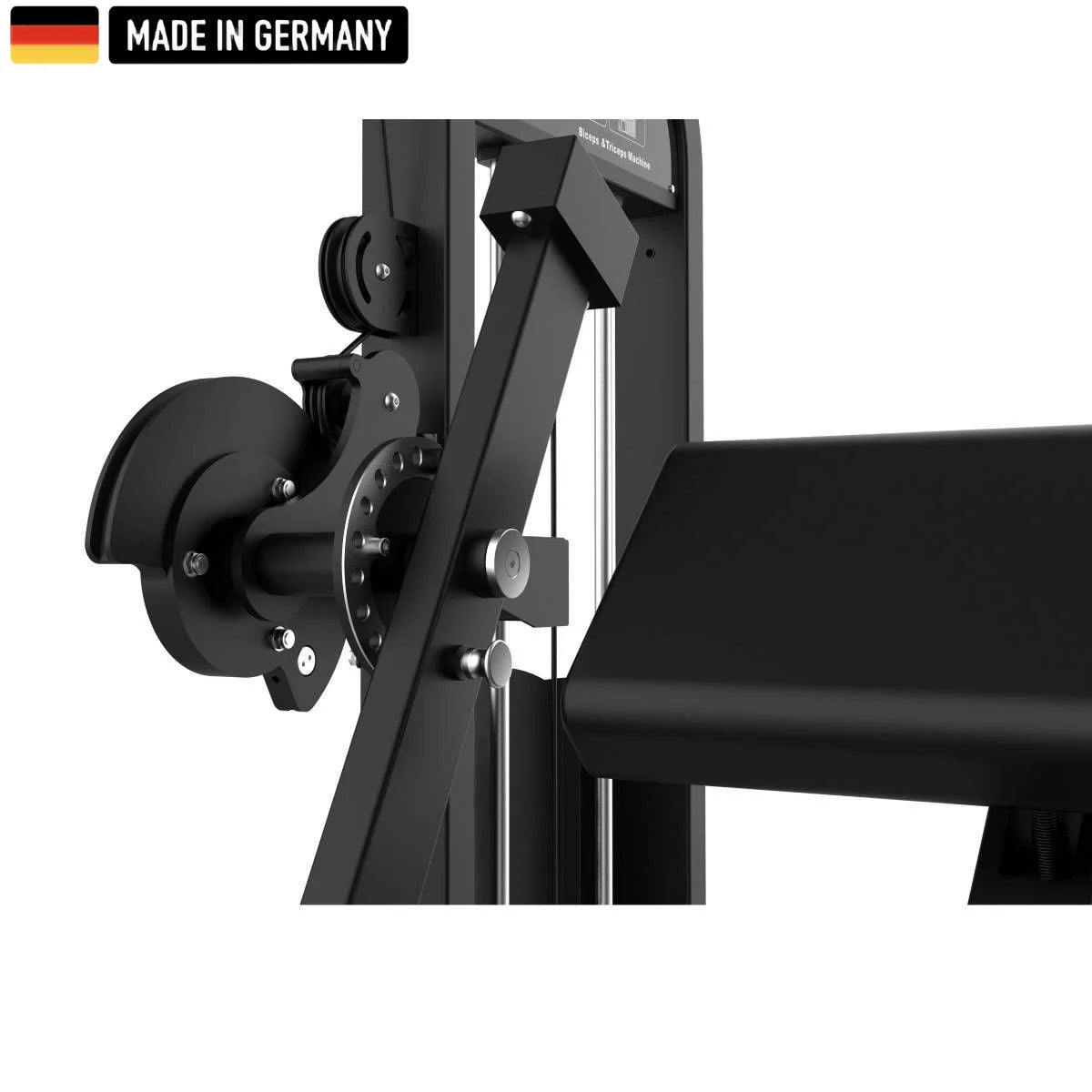 A black biceps and triceps workout machine with weight stack, labeled "Made in Germany" in the top left corner.