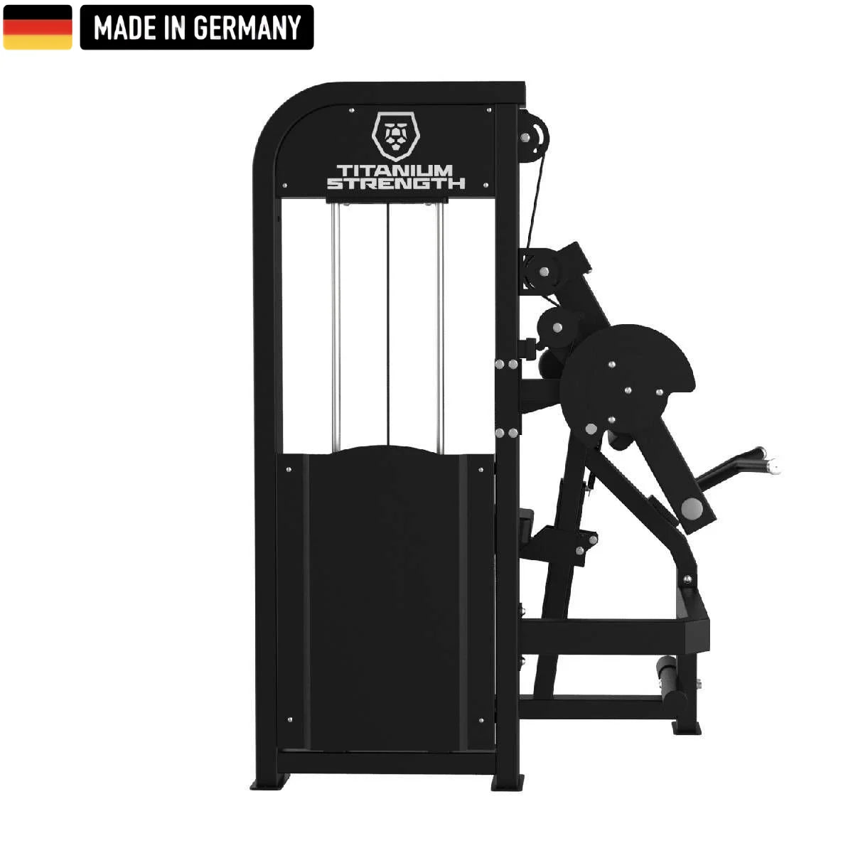 A black biceps and triceps workout machine with weight stack, labeled "Made in Germany" in the top left corner.