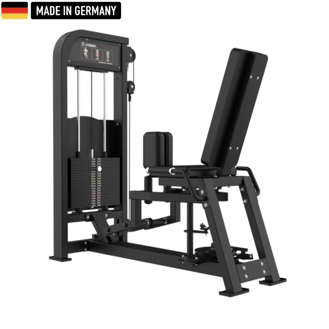 Professionelle Beinpresse und Beinstrecker Maschine aus der Titanium Strength Elite Series mit robustem Design und höchster Qualität, ideal für Fitnessstudios. Hergestellt in Deutschland