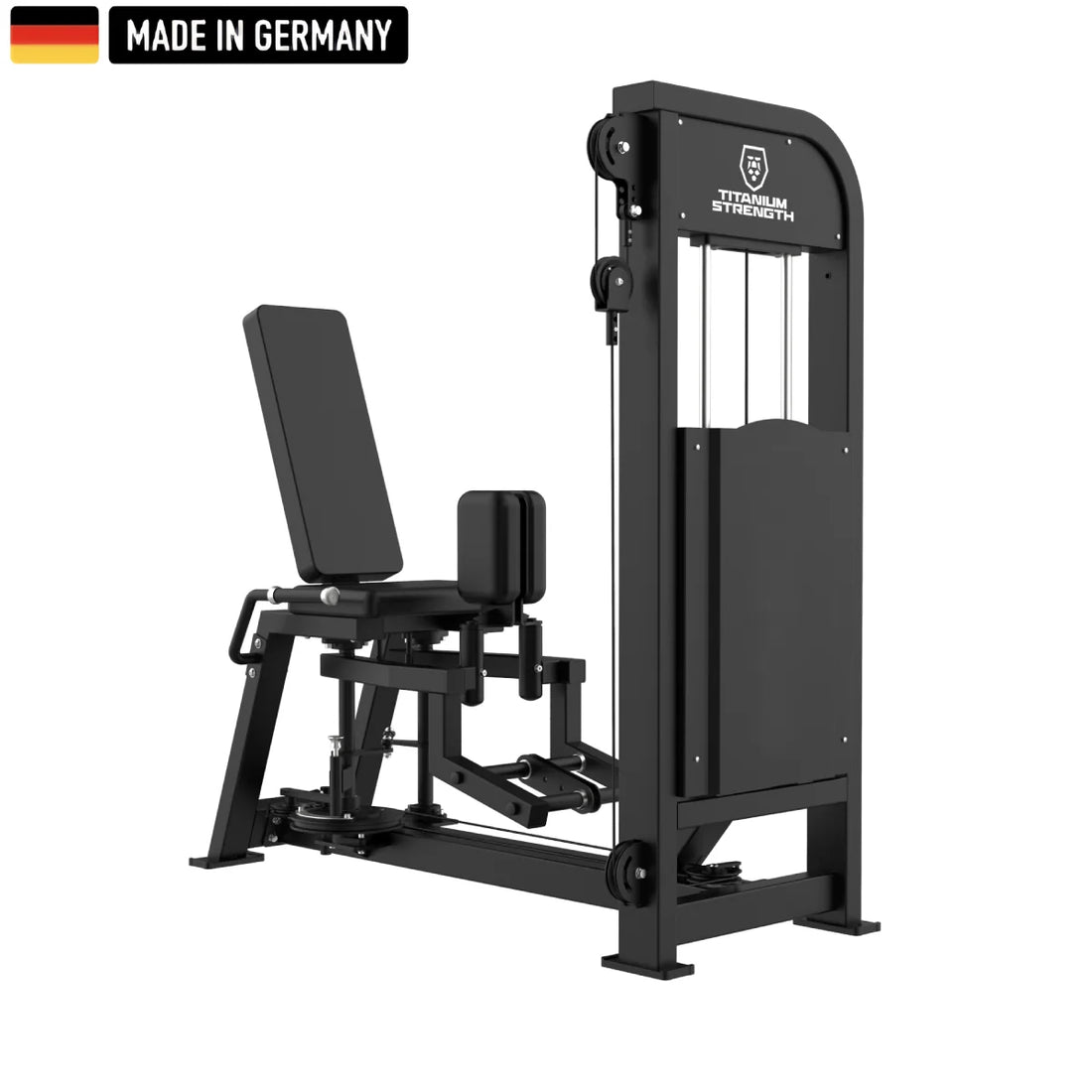 Professionelle Beinpresse und Beinstrecker Maschine aus der Titanium Strength Elite Series mit robustem Design und höchster Qualität, ideal für Fitnessstudios. Hergestellt in Deutschland