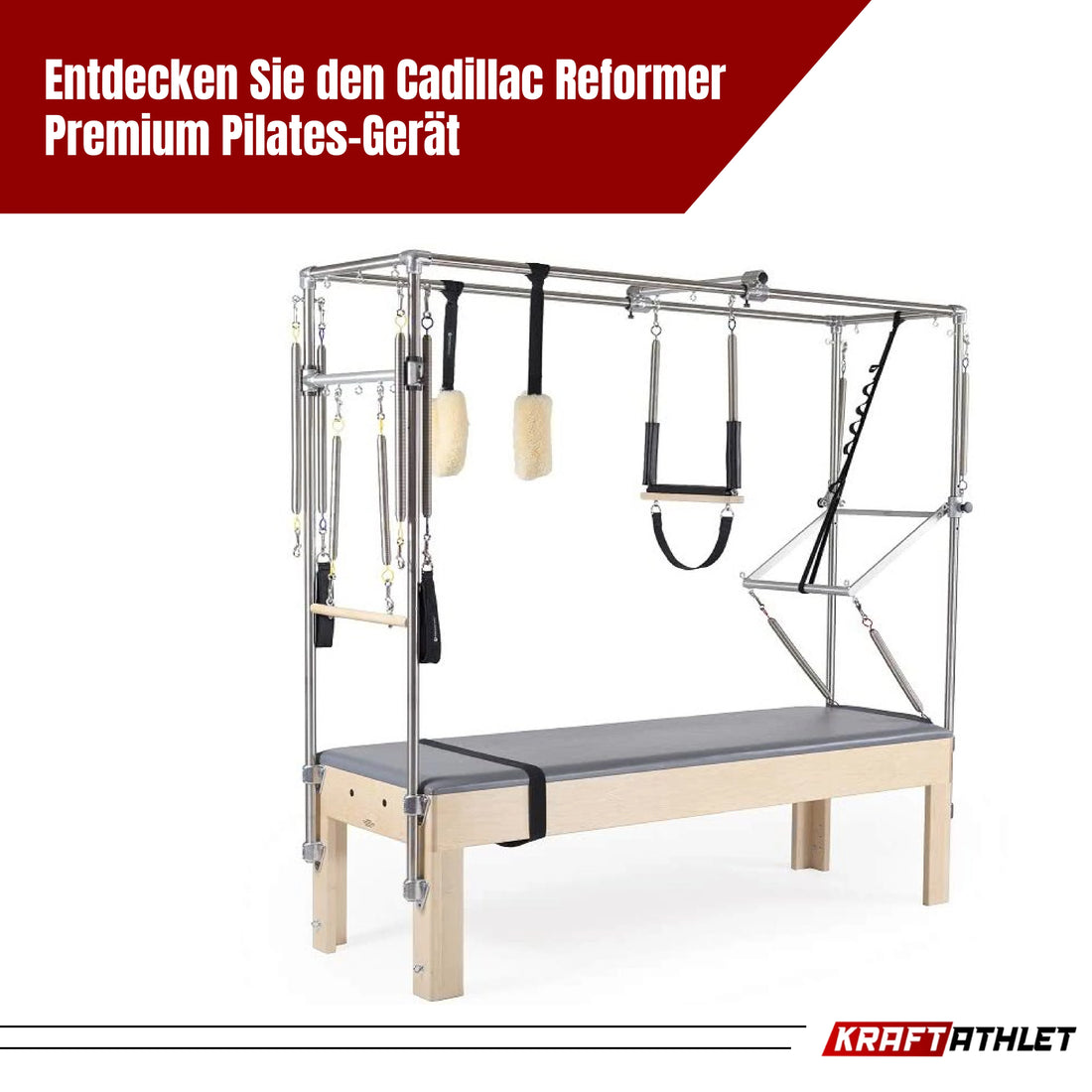 A pilates reformer featuring a bar and straps, designed for versatile strength and flexibility training.