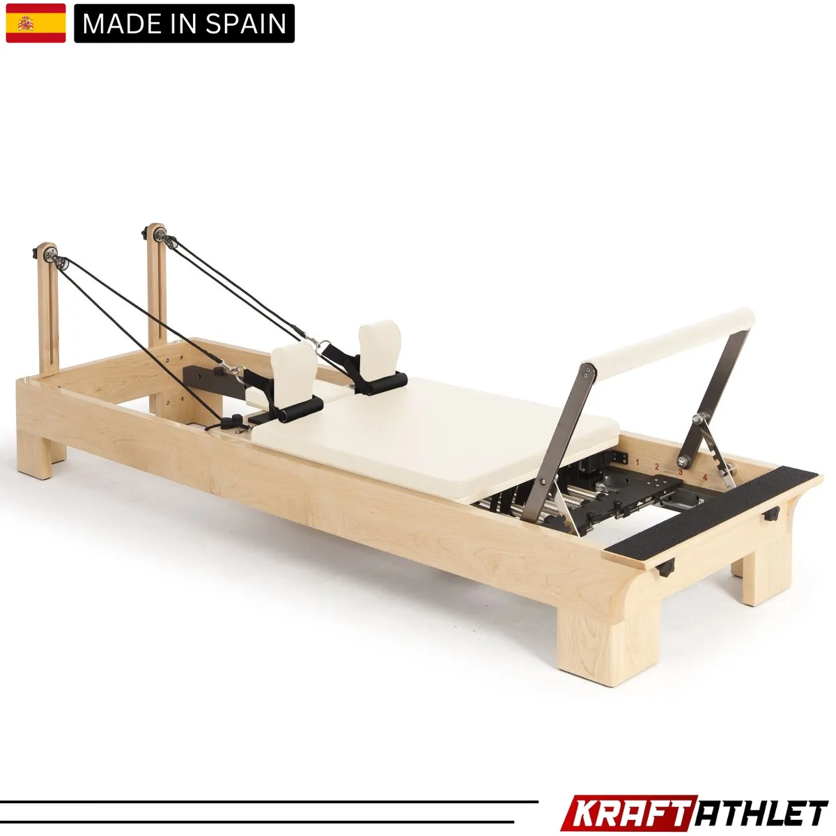 "Elina Pilates Wooden Reformer with adjustable resistance for professional Pilates training."

