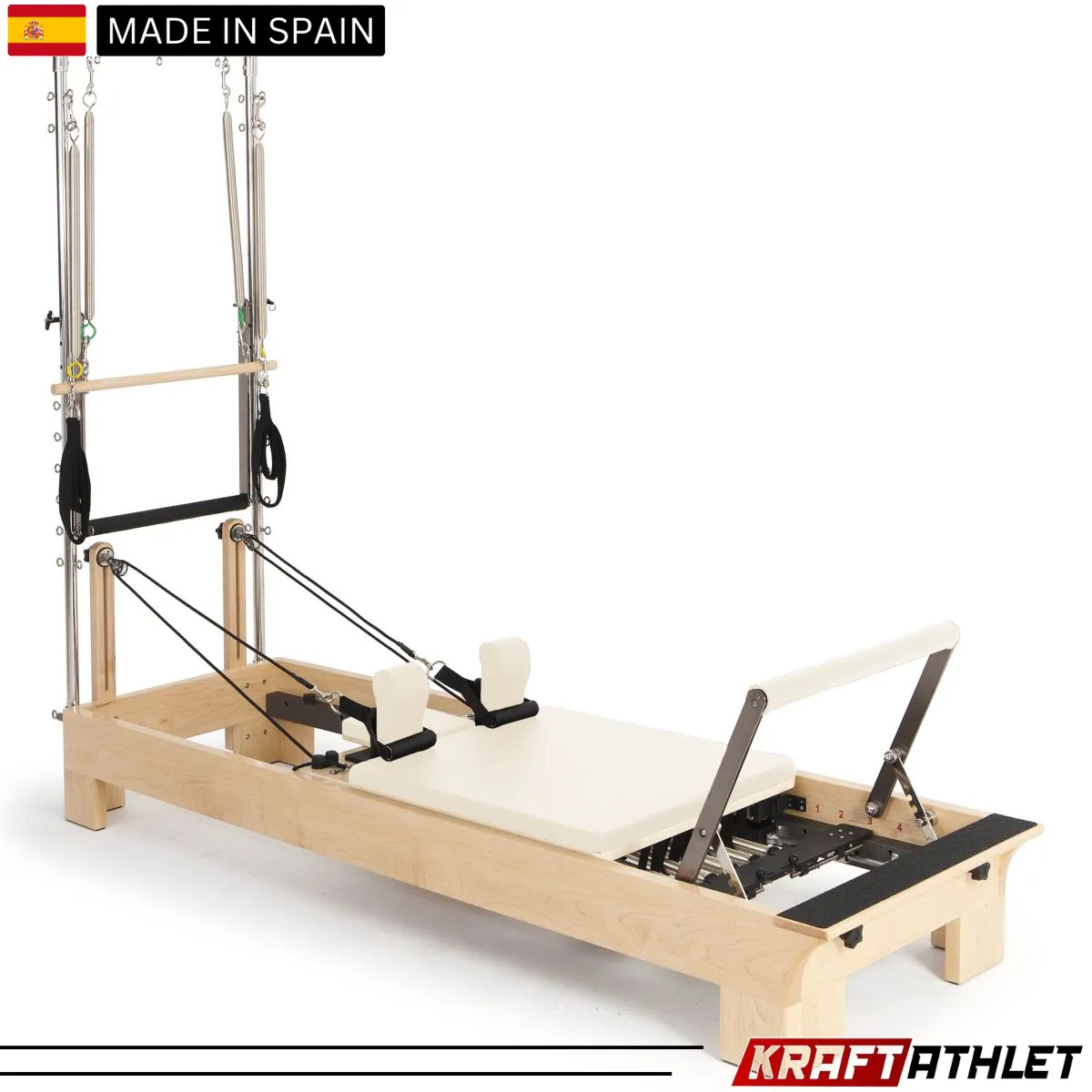 "Elina Pilates Wood Half Trapeze Reformer with adjustable tower and smooth gliding carriage."

