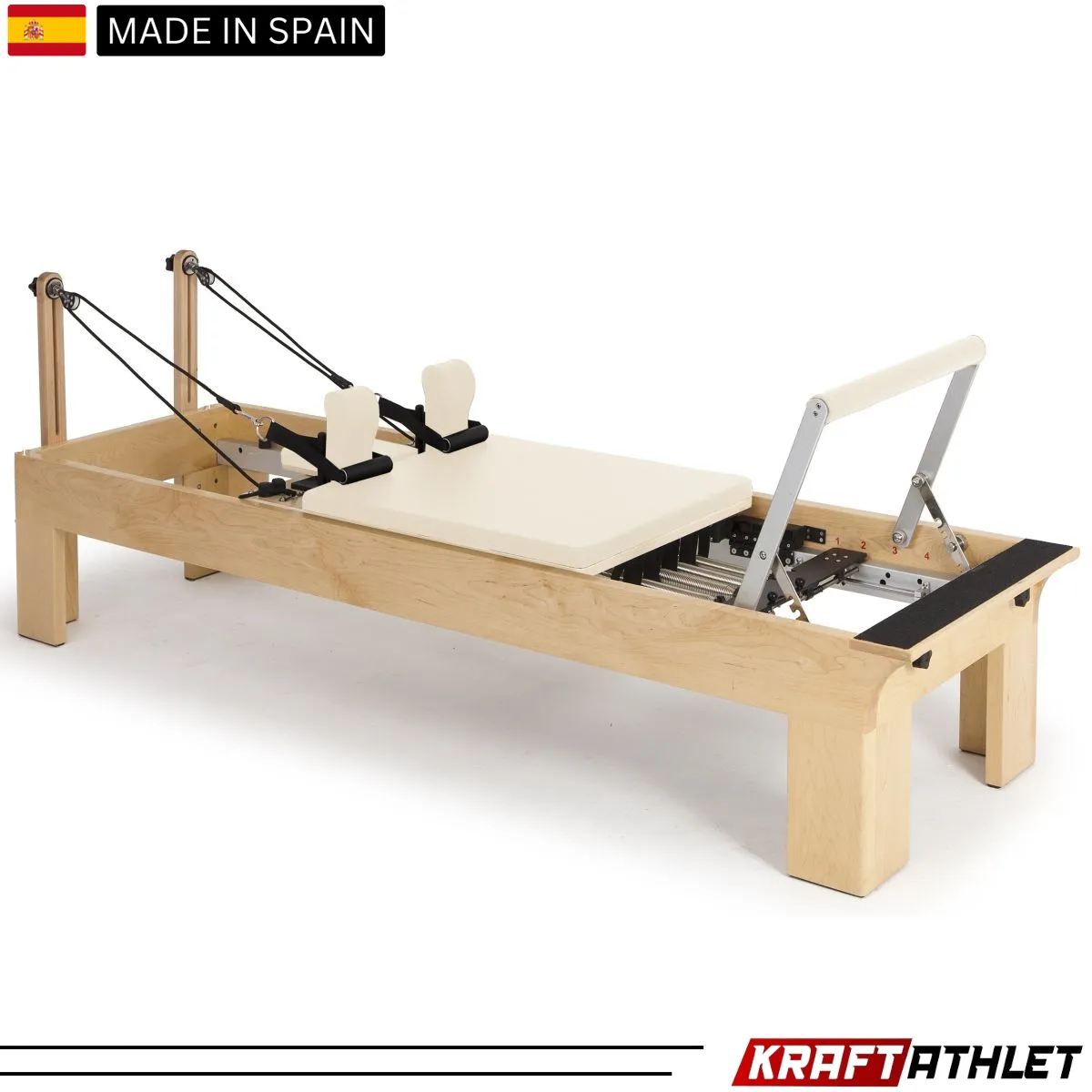 "Elina Pilates Wooden Reformer Physio with adjustable resistance for rehab & professional Pilates training."

