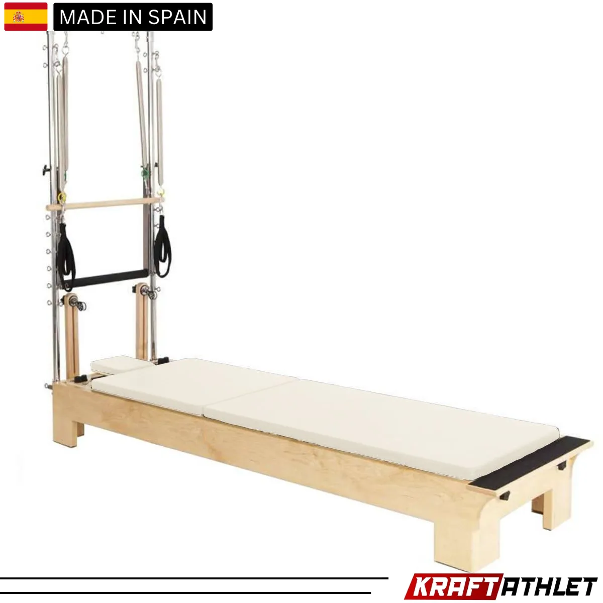 "Elina Pilates Wood Half Trapeze Reformer with adjustable tower and smooth gliding carriage."

