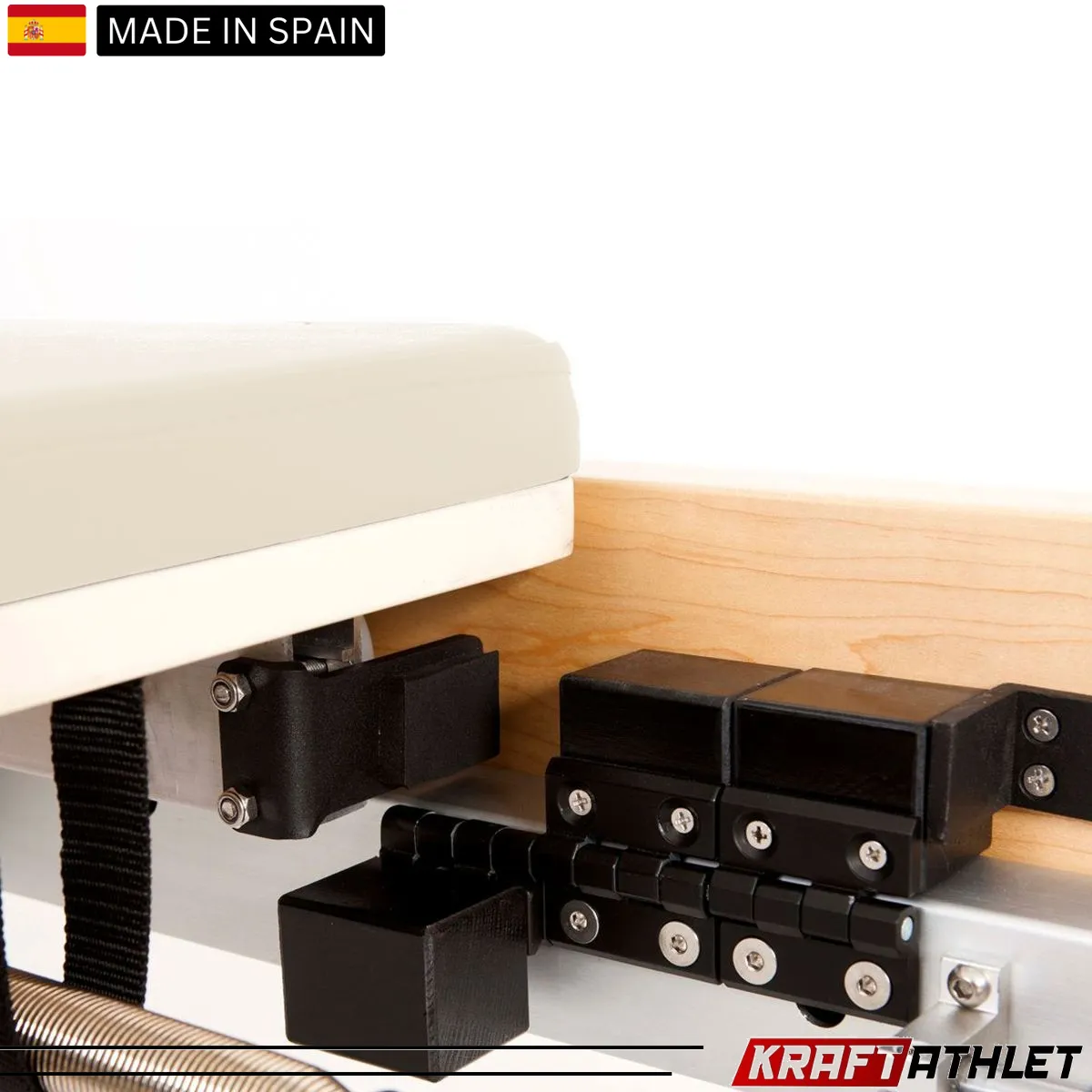 "Elina Pilates Wooden Reformer Physio with adjustable resistance for rehab & professional Pilates training."

