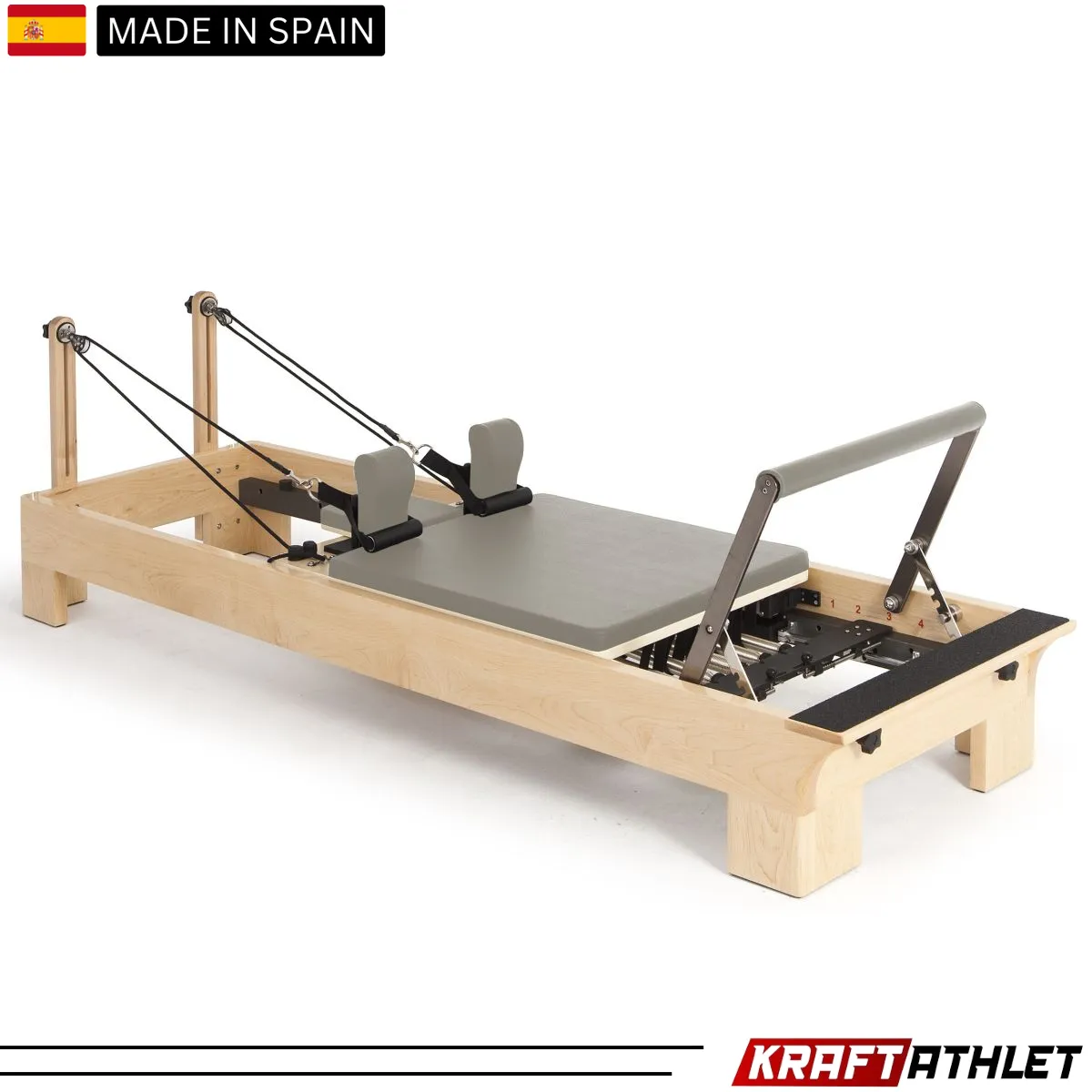 "Elina Pilates Wooden Reformer with adjustable resistance for professional Pilates training."

