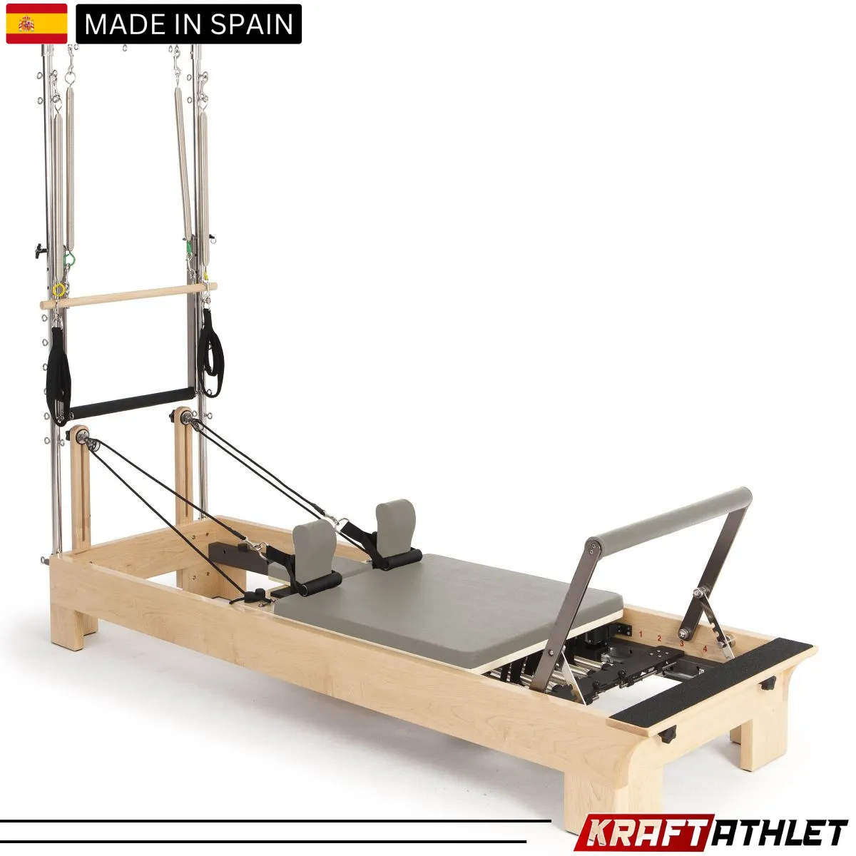 "Elina Pilates Wood Half Trapeze Reformer with adjustable tower and smooth gliding carriage."

