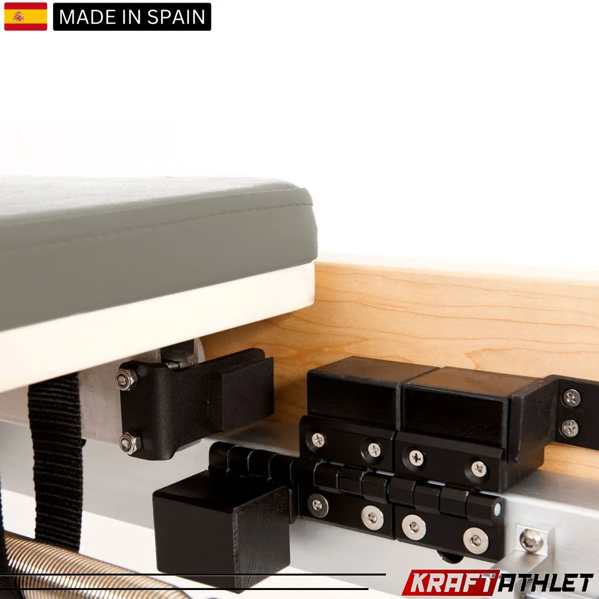 "Elina Pilates Wooden Reformer Physio with adjustable resistance for rehab & professional Pilates training."

