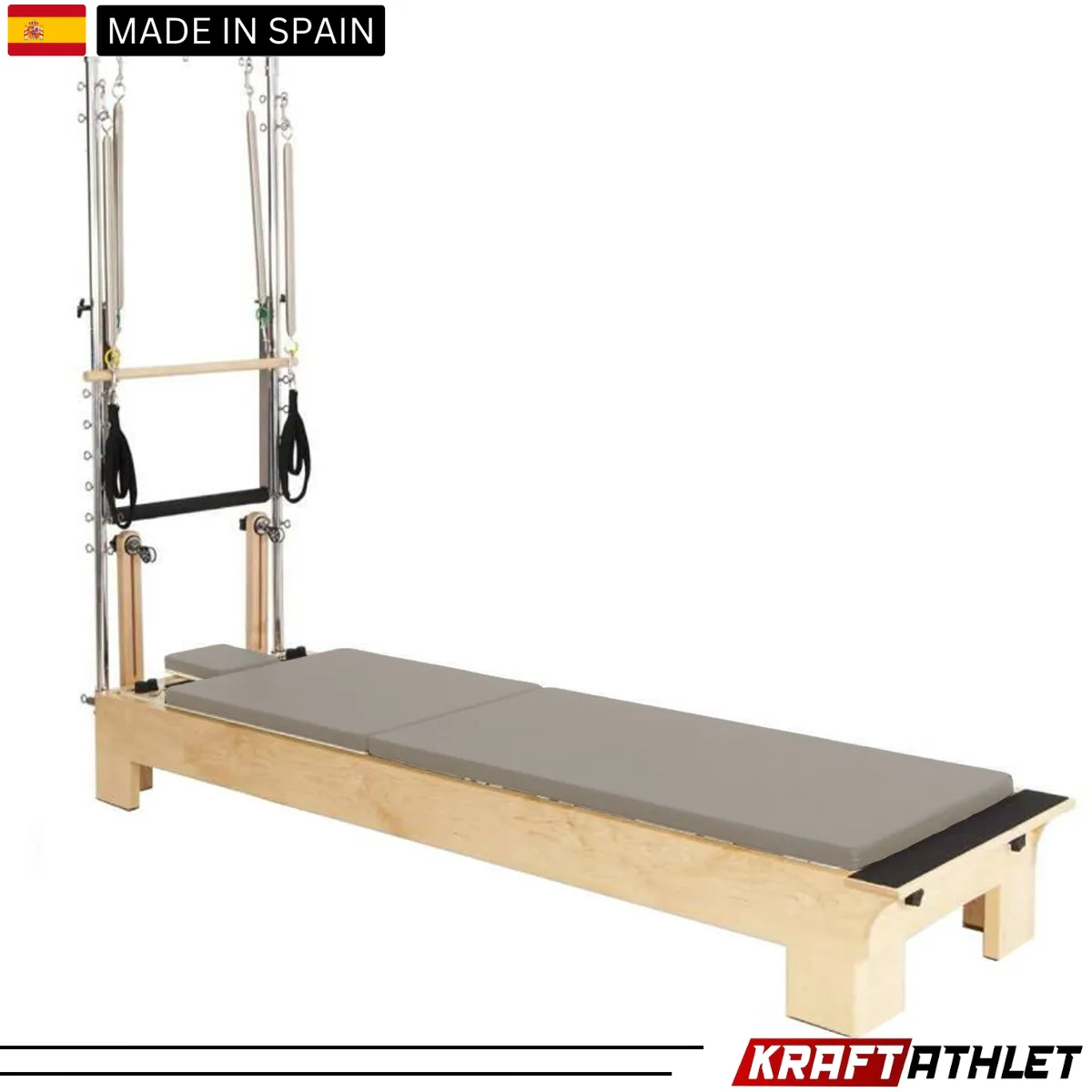 "Elina Pilates Wood Half Trapeze Reformer with adjustable tower and smooth gliding carriage."

