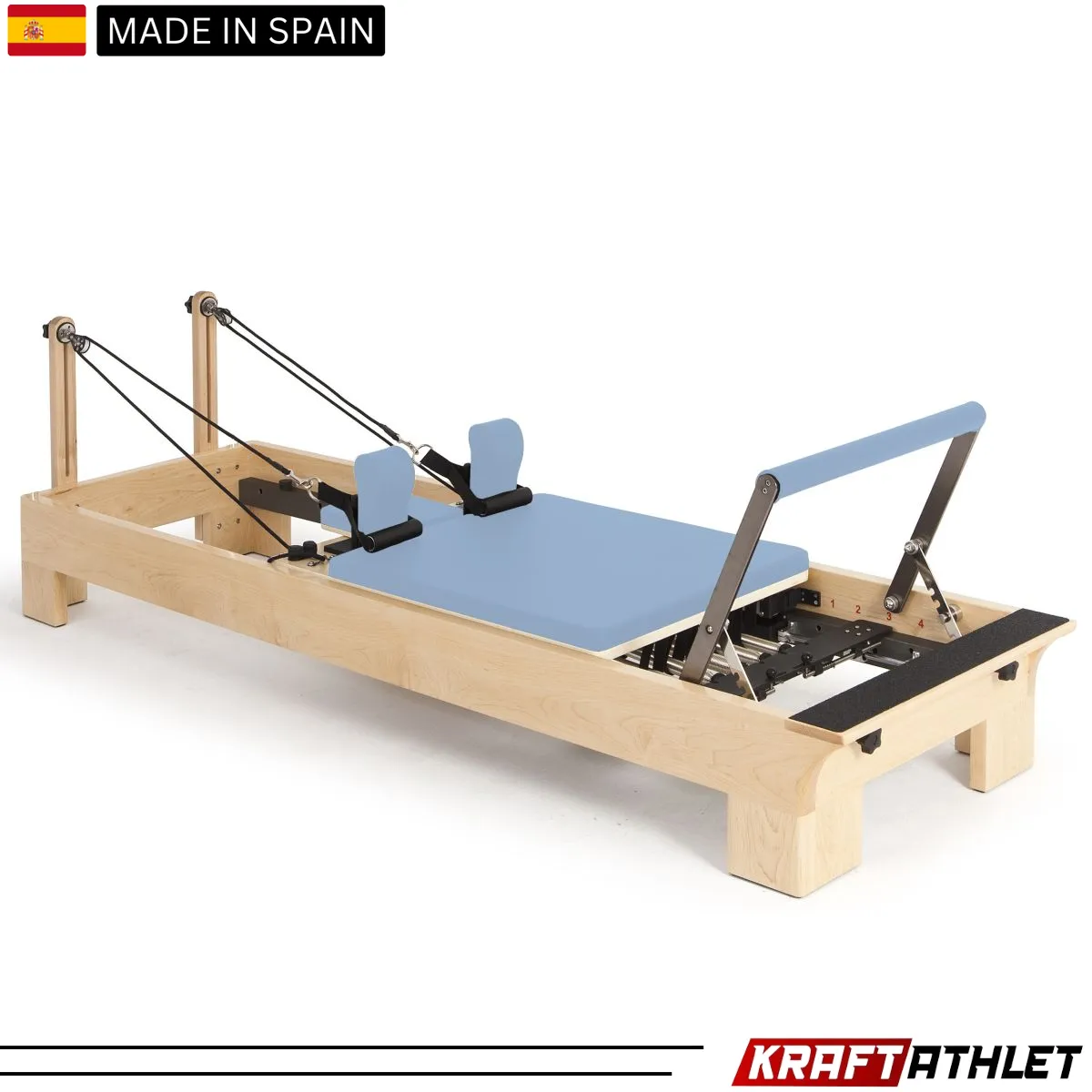 "Elina Pilates Wooden Reformer with adjustable resistance for professional Pilates training."

