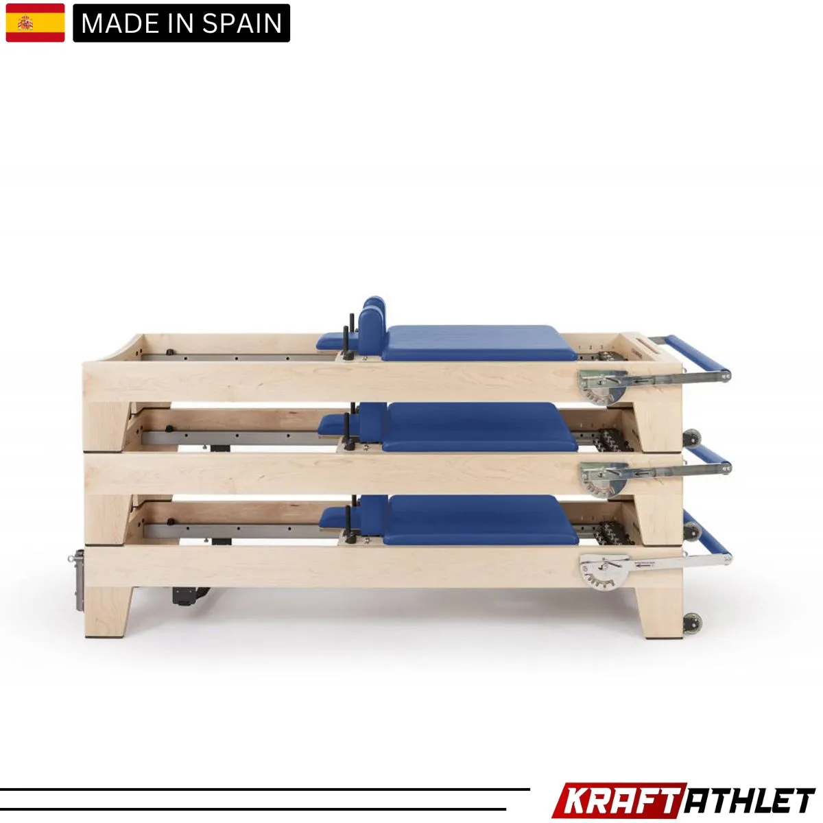 "Elina Pilates Elite Wood Reformer with Tower, featuring a sleek wooden frame and adjustable tower for a full-body Pilates workout."

