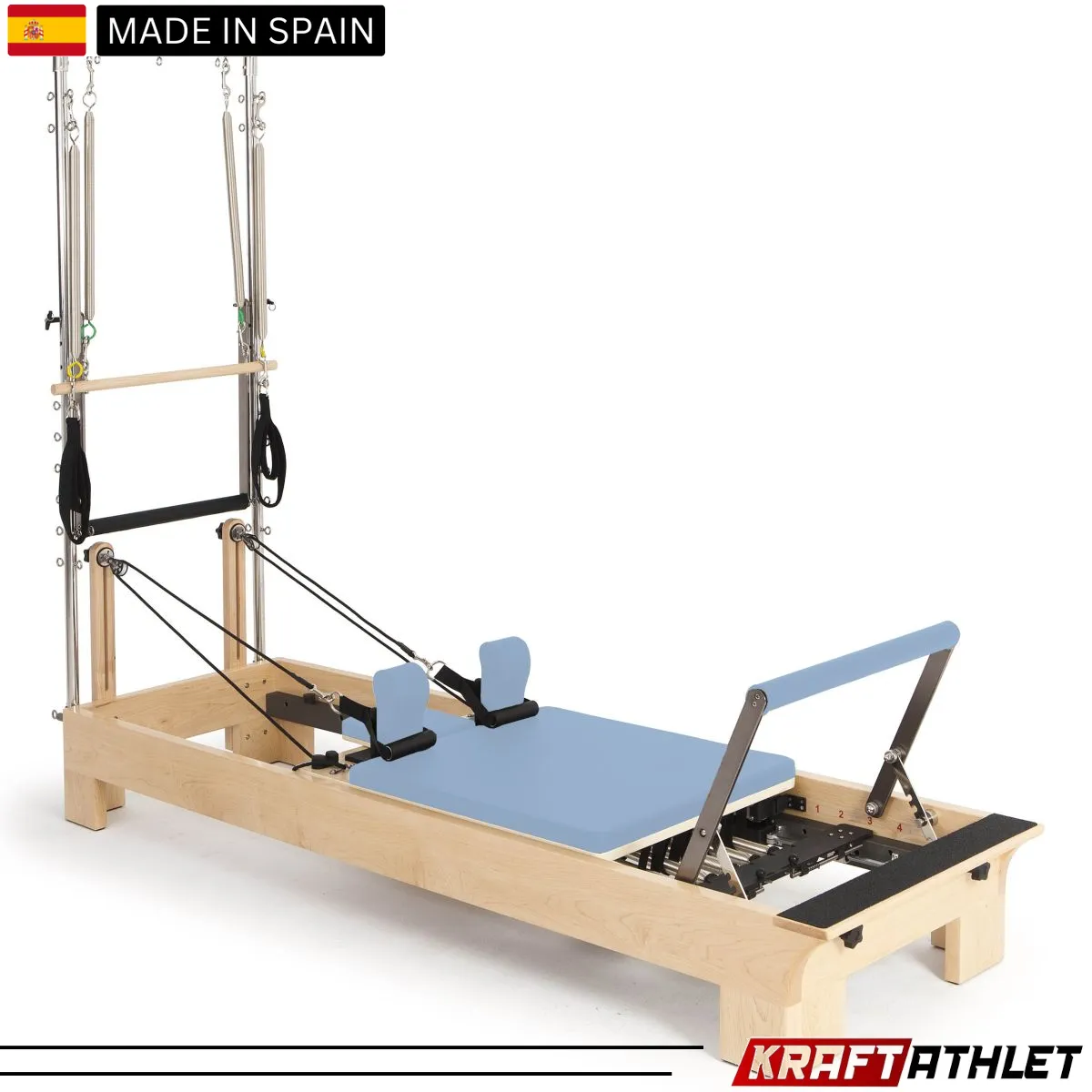 "Elina Pilates Wood Half Trapeze Reformer with adjustable tower and smooth gliding carriage."

