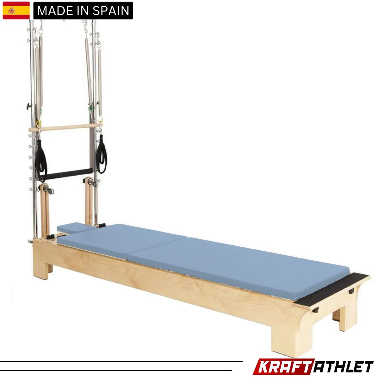 "Elina Pilates Wood Half Trapeze Reformer with adjustable tower and smooth gliding carriage."

