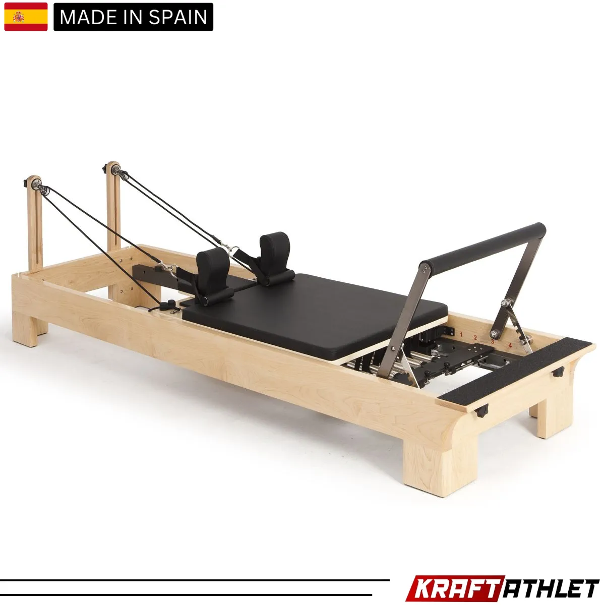 "Elina Pilates Wooden Reformer with adjustable resistance for professional Pilates training."

