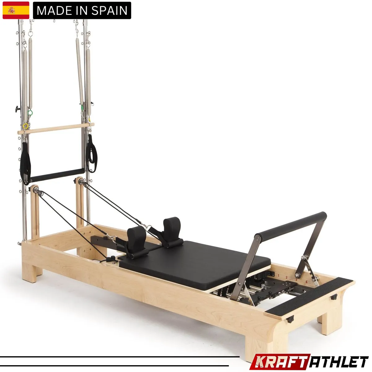 "Elina Pilates Wood Half Trapeze Reformer with adjustable tower and smooth gliding carriage."

