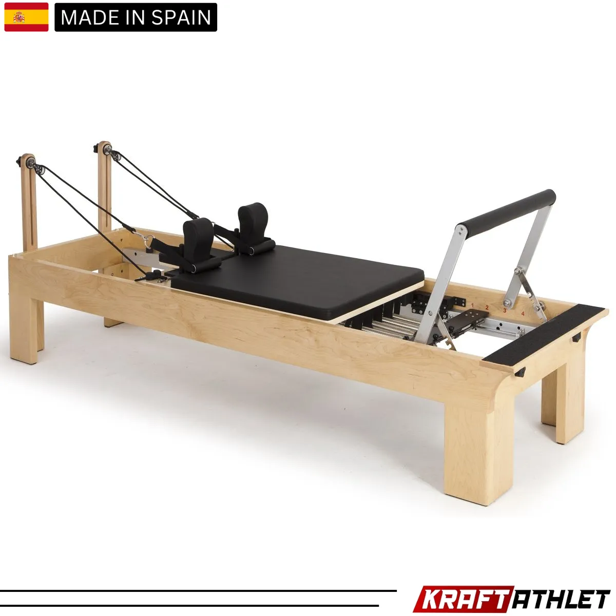 "Elina Pilates Wooden Reformer Physio with adjustable resistance for rehab & professional Pilates training."

