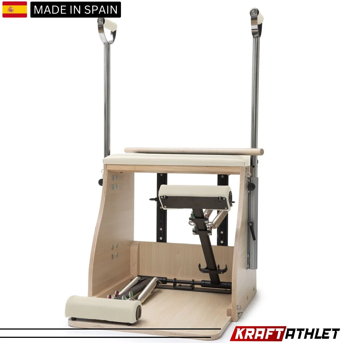 "Elina Pilates Wood Combo Chair, a professional-grade Pilates chair for core strength, flexibility, and stability training."

