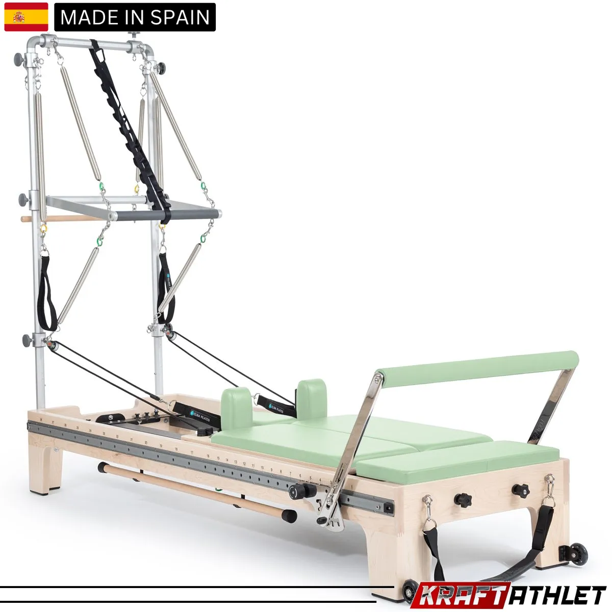 "Elina Pilates Twin Reformer in grey – a high-quality reformer designed for dual users in Pilates studios."

