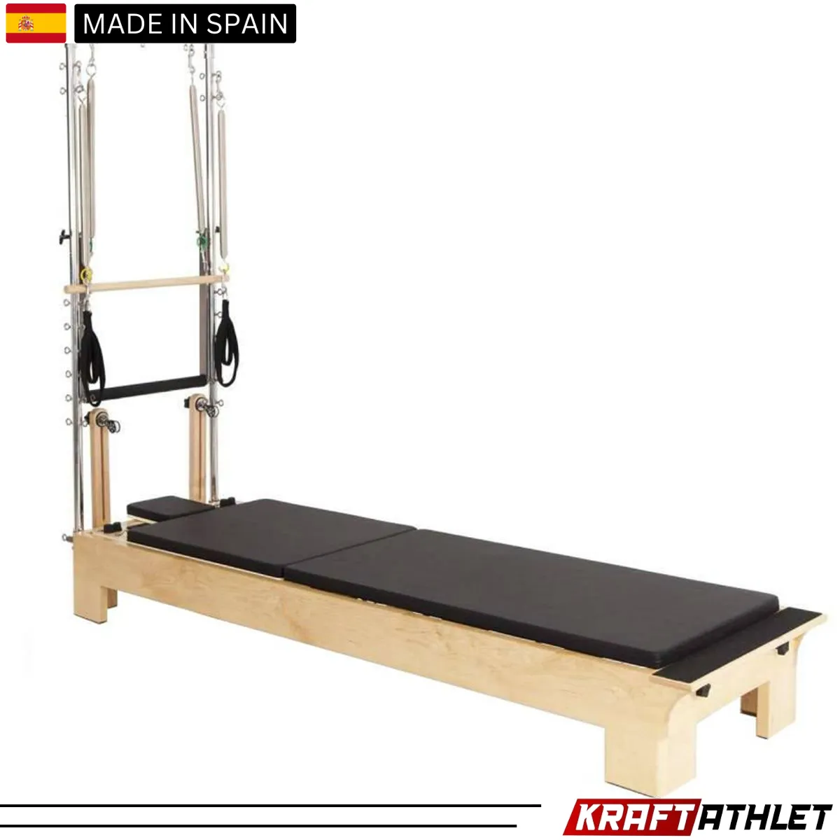 "Elina Pilates Wood Half Trapeze Reformer with adjustable tower and smooth gliding carriage."


