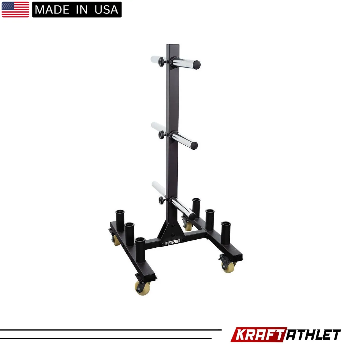Force USA Bumper and Olympic Plate Rack – sturdy storage rack with transport wheels and chrome-plated brackets.

