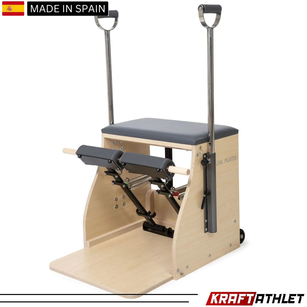 "Elina Pilates Wood Combo Chair, a professional-grade Pilates chair for core strength, flexibility, and stability training."

