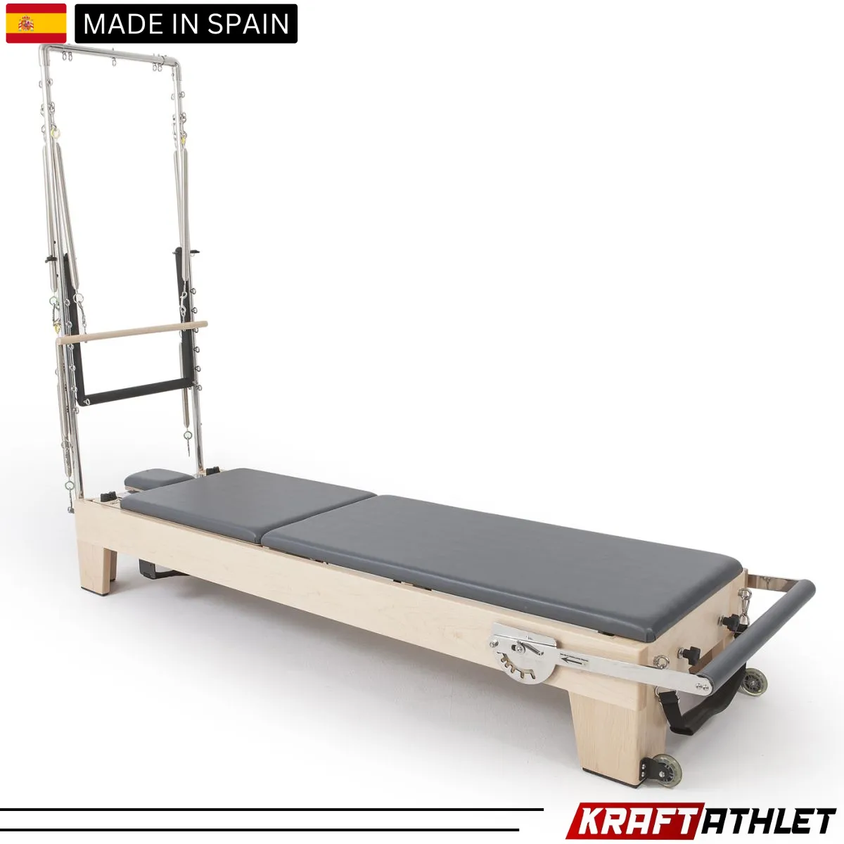 "Elina Pilates Elite Wood Reformer with Tower, featuring a sleek wooden frame and adjustable tower for a full-body Pilates workout."


