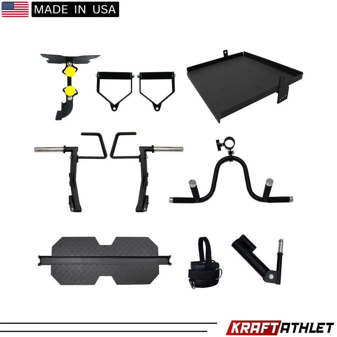 Force USA G10® and G15® All-In-One Trainer Upgrade Kit components displayed, including Jammer Arms, Lat Pulldown Bar, Leg Press Plate, and Landmine attachment.