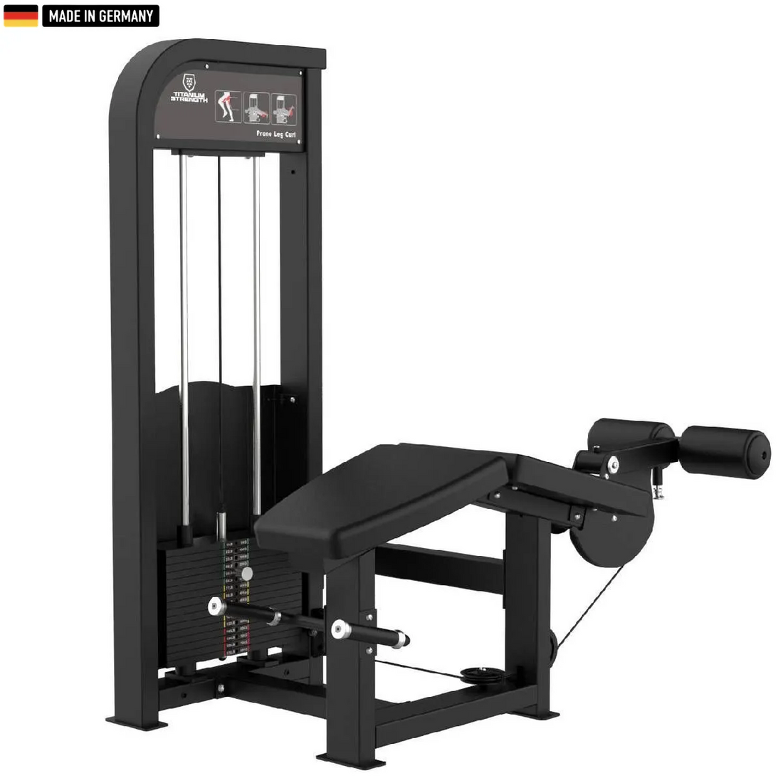 "Titanium Strength Selectorized Lying Leg Curl Machine for hamstring workouts."

