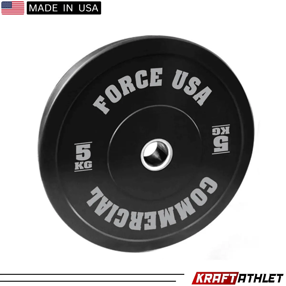 Force USA Ultimate Training Bumper Plate 5kg – black weight plate with white lettering, 450mm diameter.
