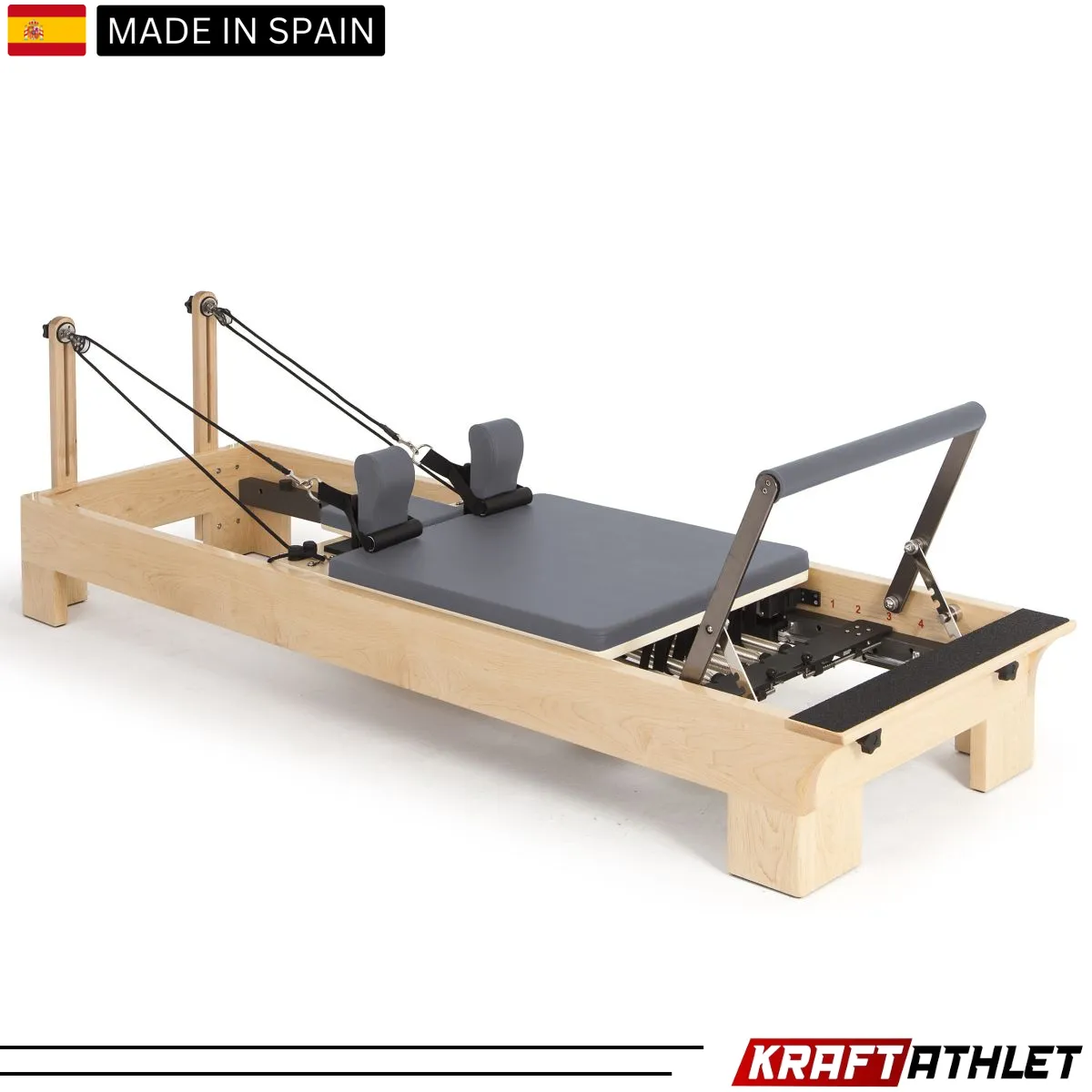 "Elina Pilates Wooden Reformer with adjustable resistance for professional Pilates training."

