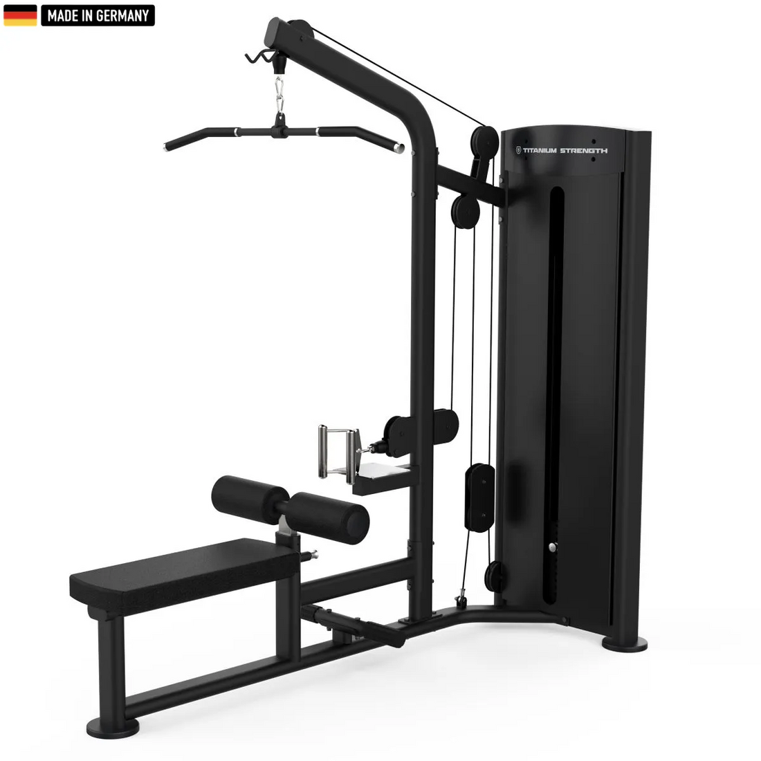 Titanium Strength Black Series Lat Pulldown and Seated Row Machine in a professional gym setting.