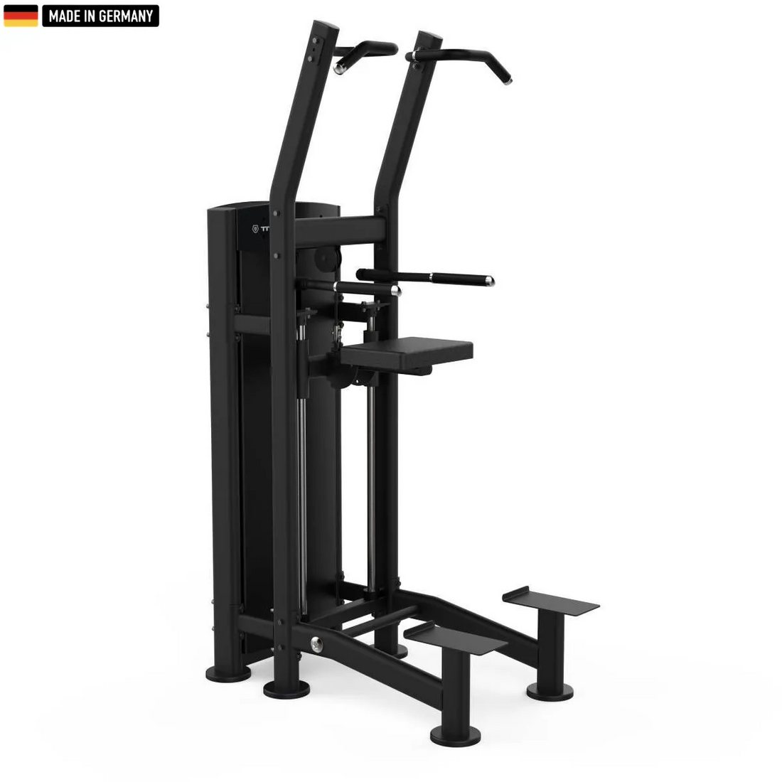 Titanium Strength Black Series Assisted Dip & Pull-Up Machine showing ergonomic grips and knee pad for professional gym use