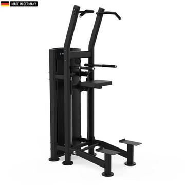 Titanium Strength Black Series Assisted Dip & Pull-Up Machine showing ergonomic grips and knee pad for professional gym use