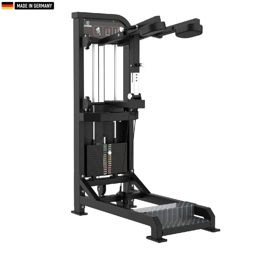 "Titanium Strength Selectorized Standing Calf Machine for powerful calf training."

