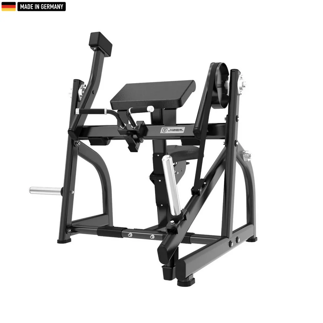 "Titanium Strength Plate-Loaded Bicep Curl Machine for targeted arm training."

