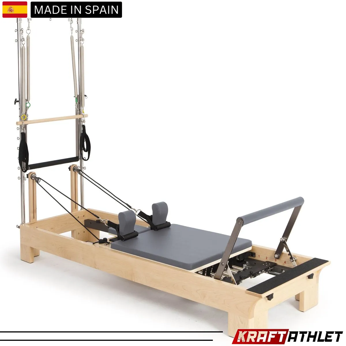 "Elina Pilates Wood Half Trapeze Reformer with adjustable tower and smooth gliding carriage."

