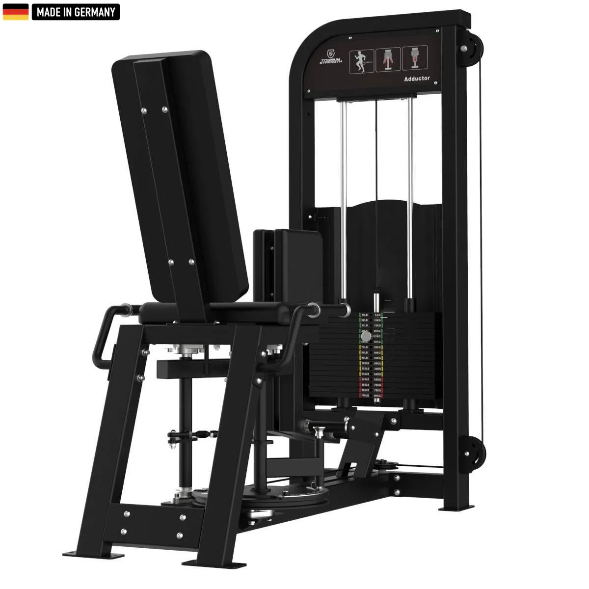 "Titanium Strength Selectorized Adductor Machine for inner thigh workouts."

