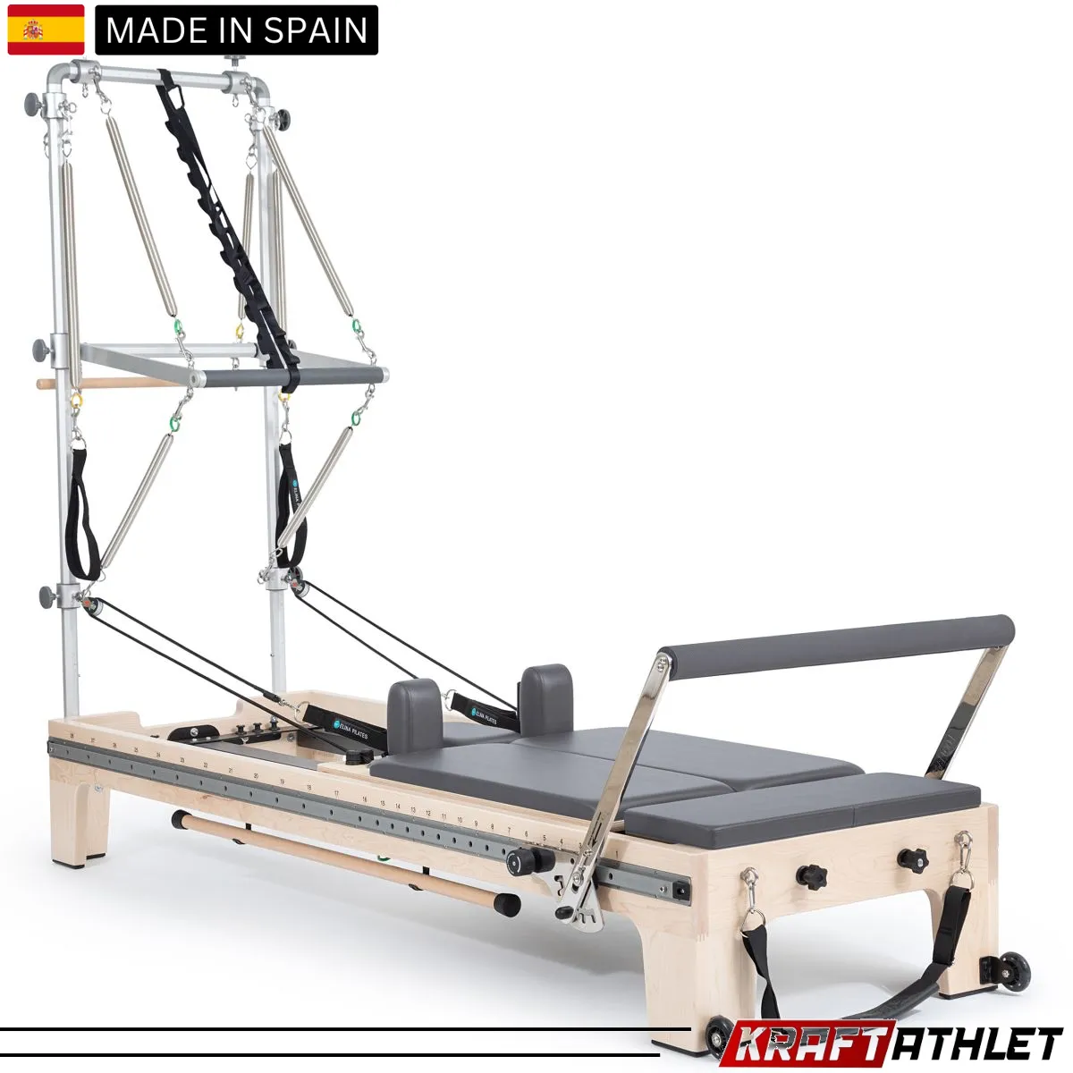 "Elina Pilates Twin Reformer in grey – a high-quality reformer designed for dual users in Pilates studios."


