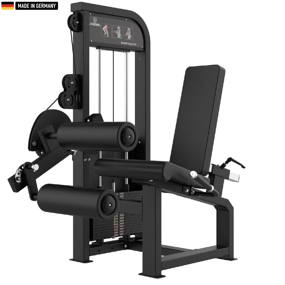 "Titanium Strength Selectorized Seated Leg Curl Machine for hamstring workouts."

