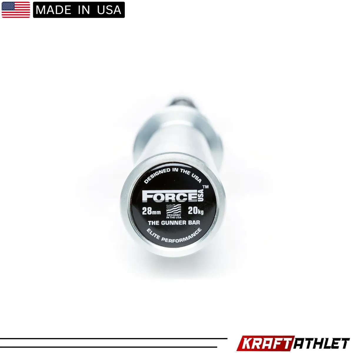 Force USA The Gunner Olympic Bar – 2.20m long, black barbell with silver sleeves and precise knurling.
