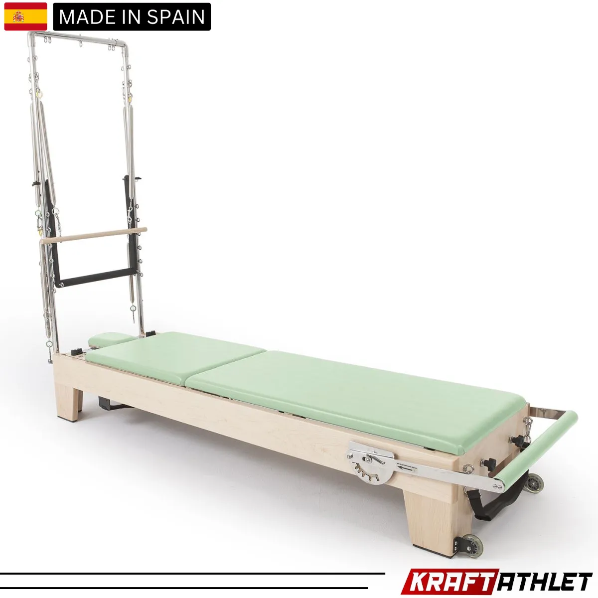 "Elina Pilates Elite Wood Reformer with Tower, featuring a sleek wooden frame and adjustable tower for a full-body Pilates workout."

