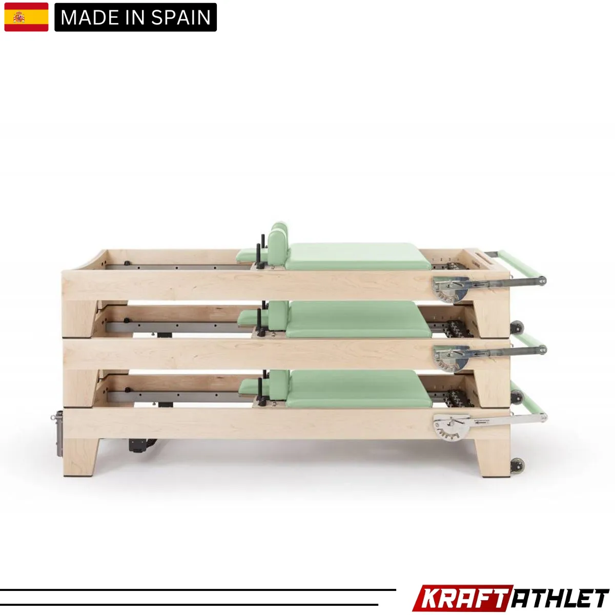 "Elina Pilates Elite Wood Reformer with Tower, featuring a sleek wooden frame and adjustable tower for a full-body Pilates workout."

