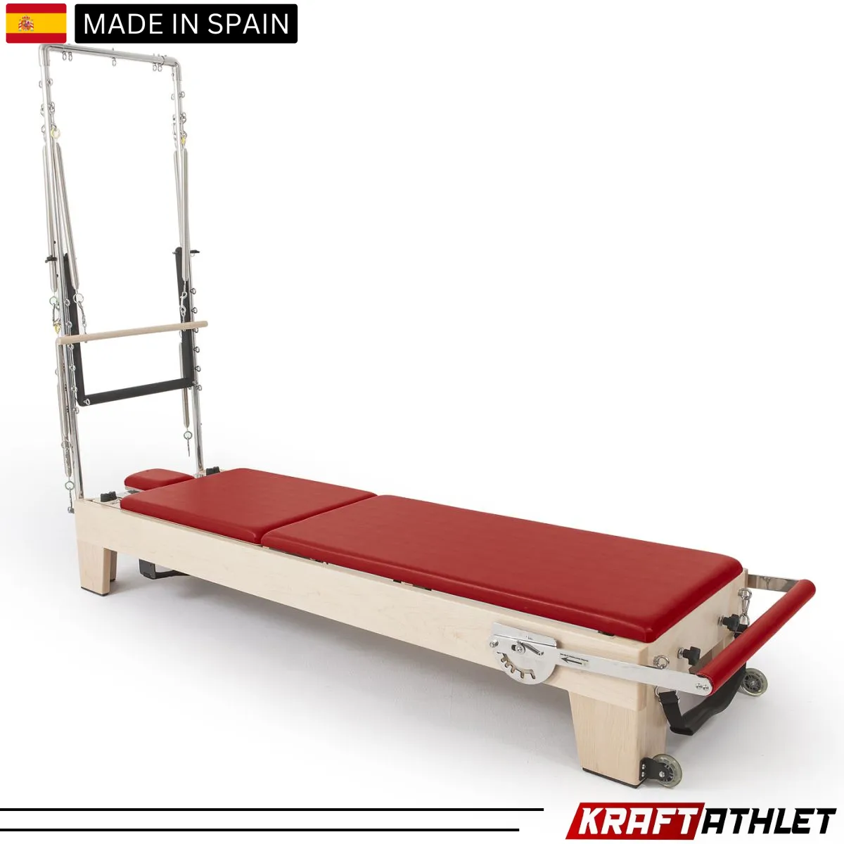 "Elina Pilates Elite Wood Reformer with Tower, featuring a sleek wooden frame and adjustable tower for a full-body Pilates workout."

