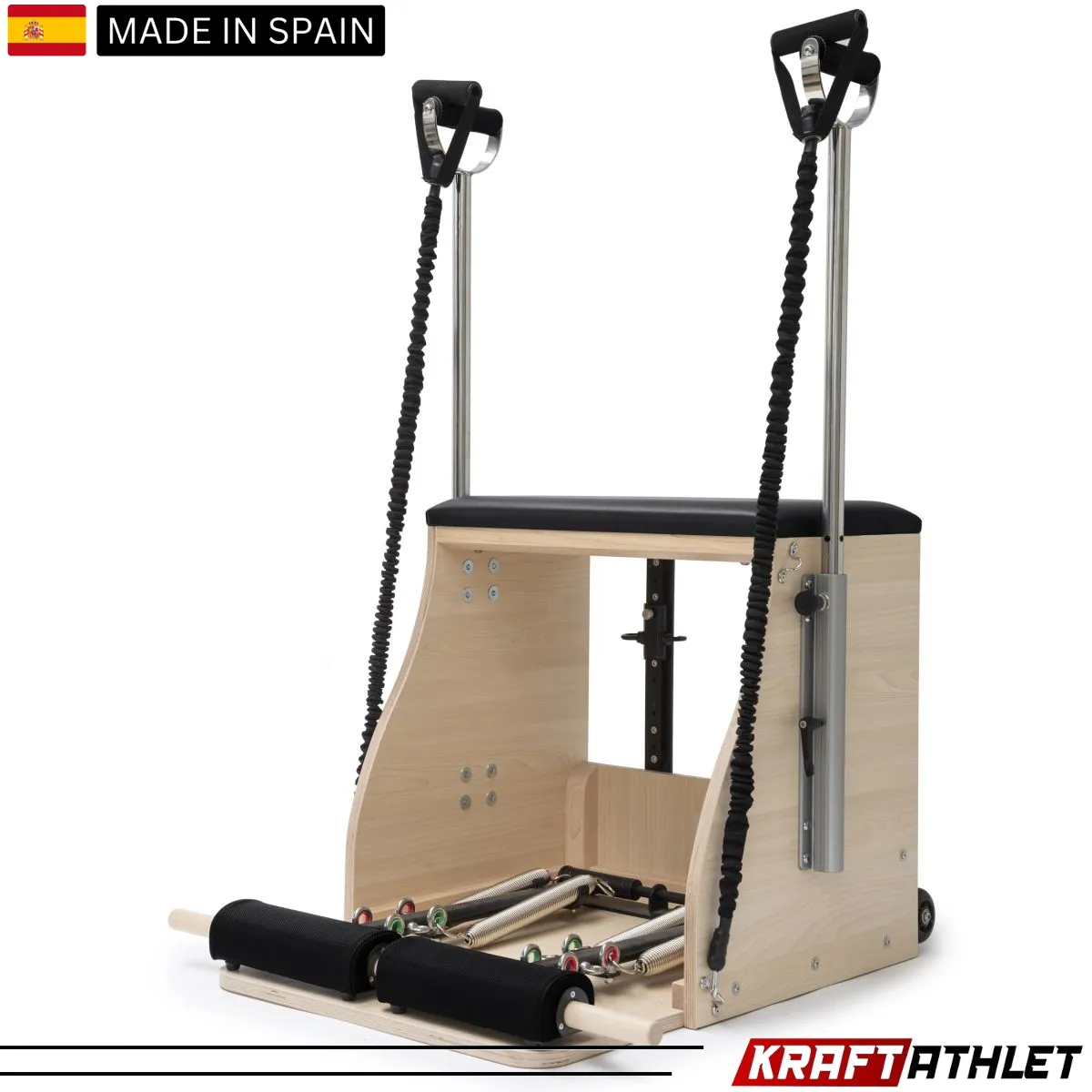 "Elina Pilates Wood Combo Chair, a professional-grade Pilates chair for core strength, flexibility, and stability training."

