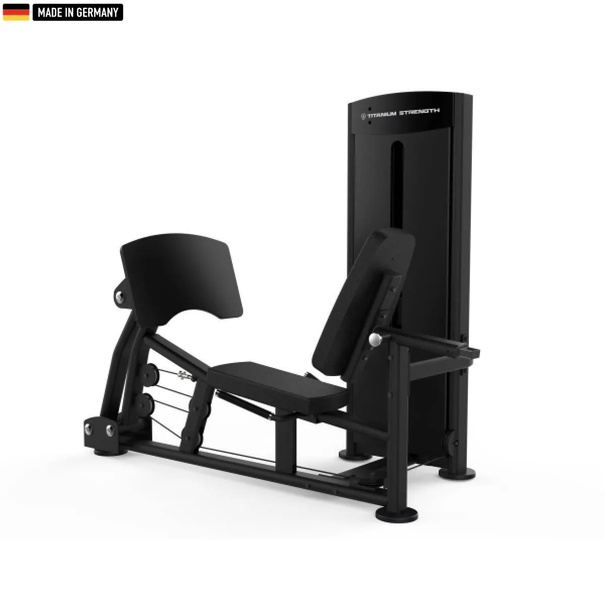 Titanium Strength Black Series Seated Leg Press and Calf Raise machine in a professional gym setting.