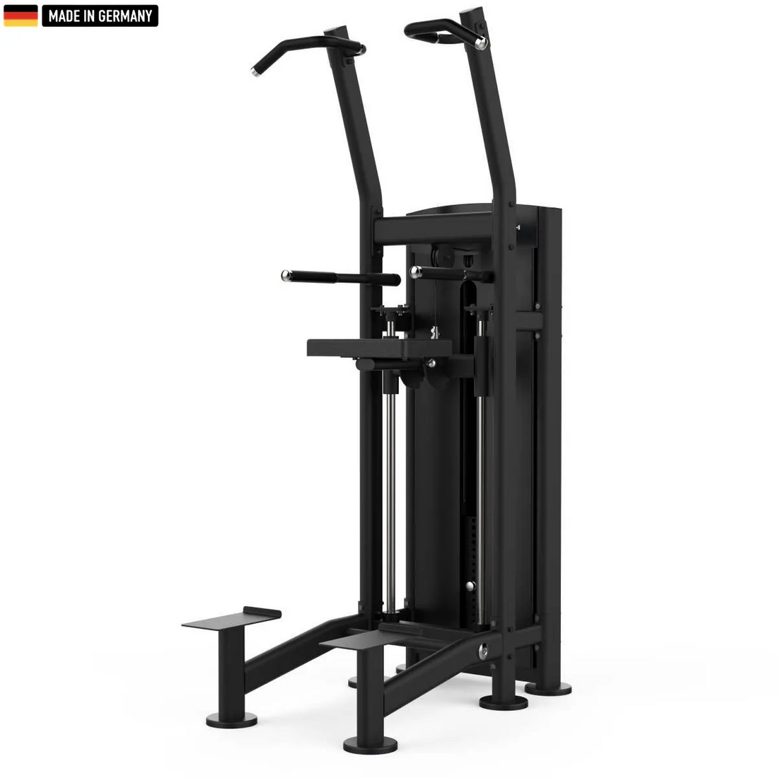 Titanium Strength Black Series Assisted Dip & Pull-Up Machine showing ergonomic grips and knee pad for professional gym use