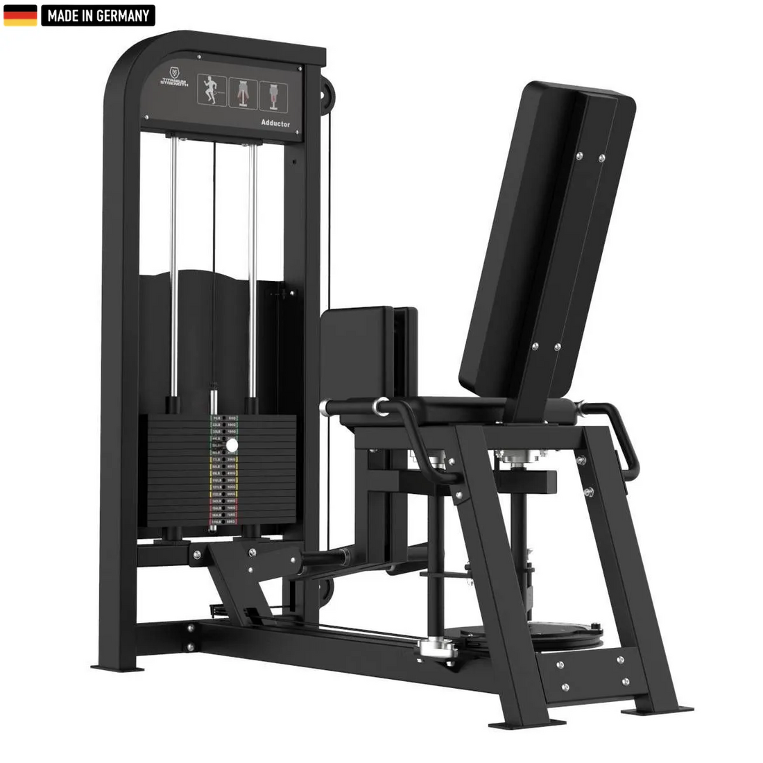 "Titanium Strength Selectorized Adductor Machine for inner thigh workouts."

