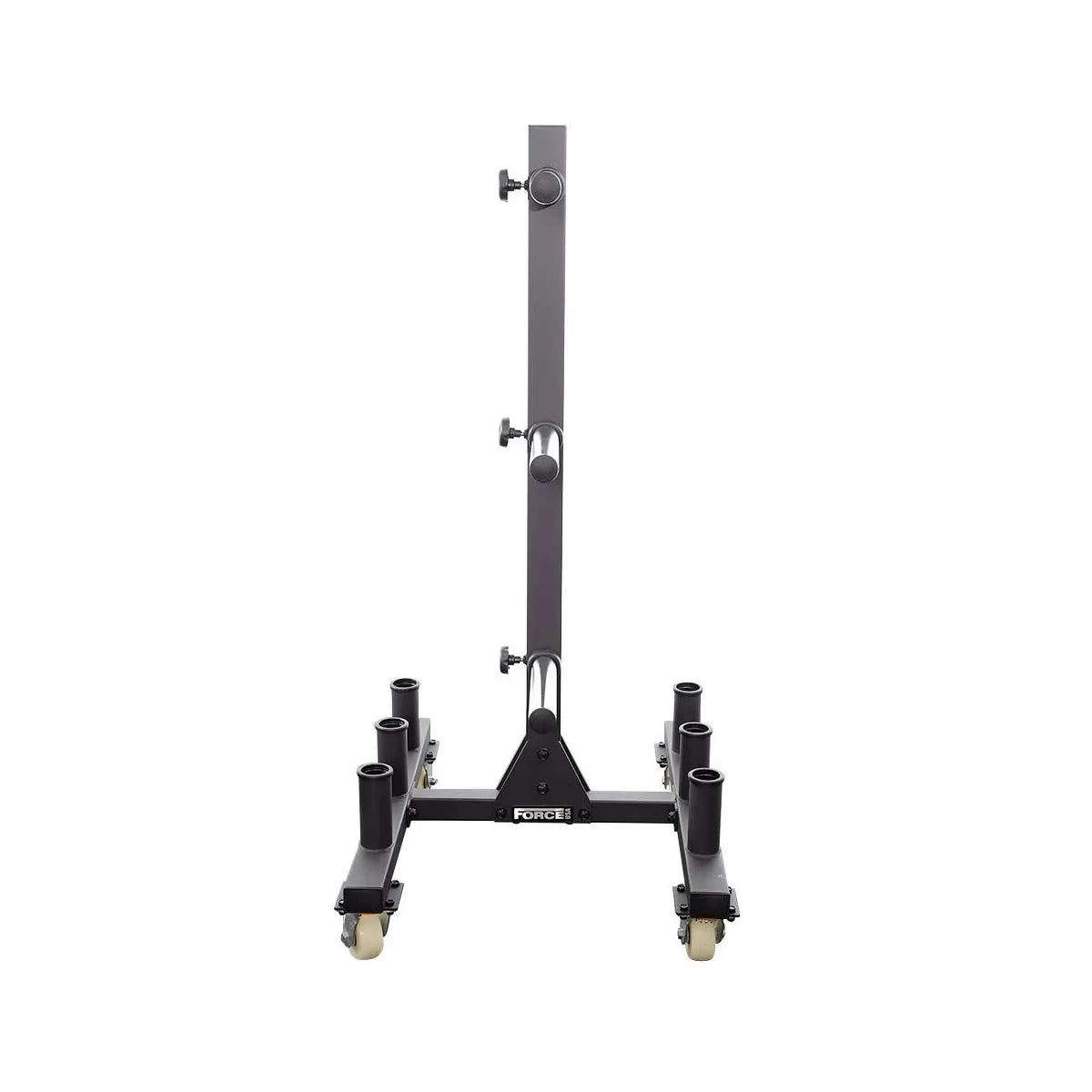 Force USA Bumper and Olympic Plate Rack – sturdy storage rack with transport wheels and chrome-plated brackets.
