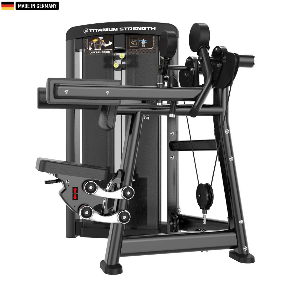 "Genesis Series Selectorized Lateral Raise Machine for targeted shoulder muscle training."
